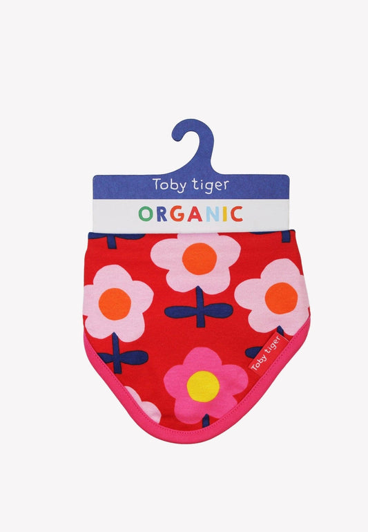 Organic pink flower print dribble bib with pink trim