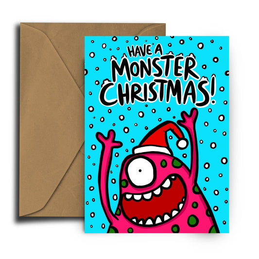 Have a Monster Christmas! Christmas Card by Dixon Does Doodles, bright comic design on sustainably certified card with recycled kraft envelope, A6 size