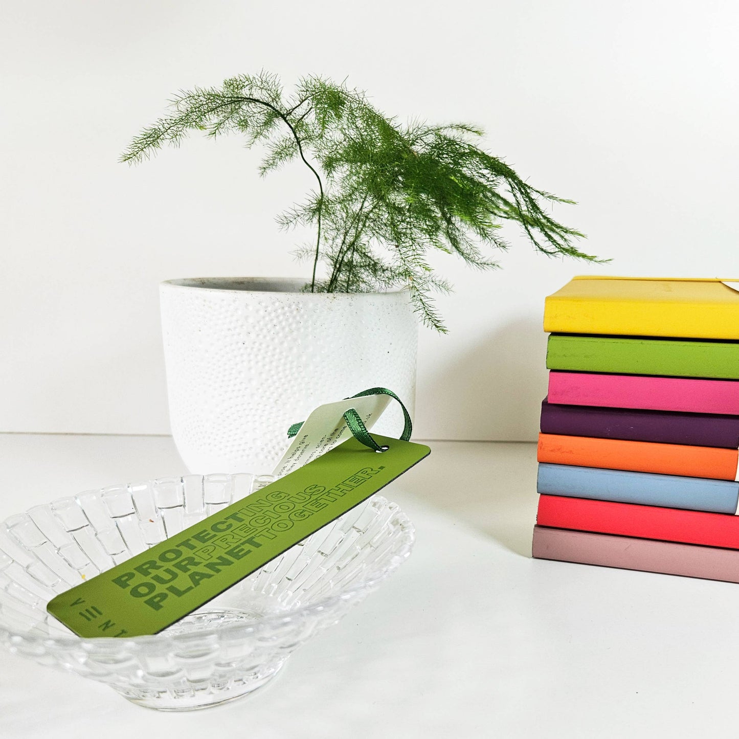 Recycled Leather Bookmark in Green with matching ribbon