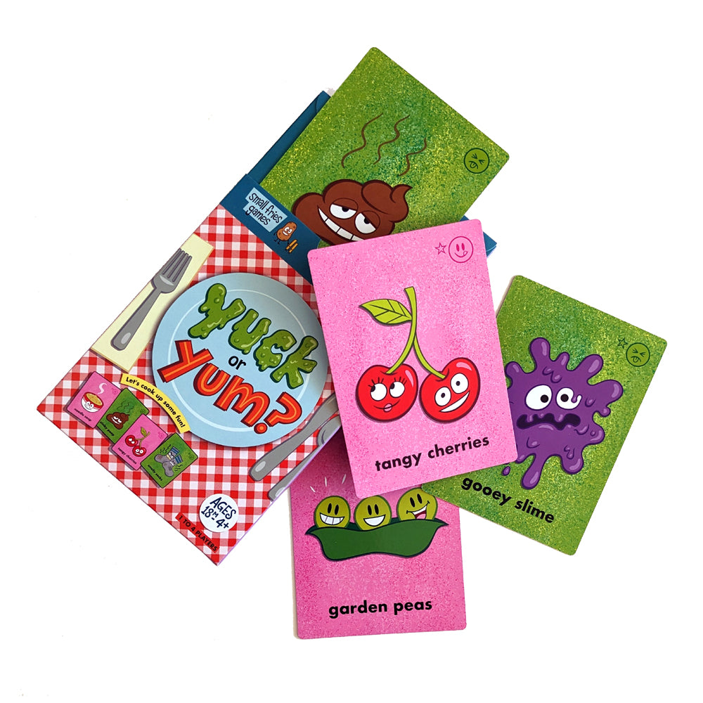 Children playing Yuck or Yum? card game, showing various game cards