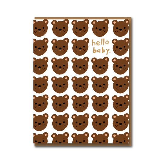 Hello Baby card by Carolyn Suzuki, illustrated with cute Japanese bears, gold foil, kraft envelope, 108mm x 140mm.