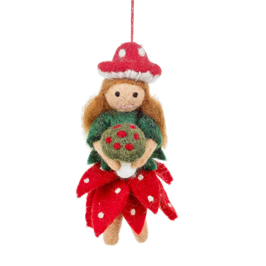 Felted fairy ornament with red mushroom hat and dress on a white background. Handmade felt toadstool fairy autumn hanging decoration with red skirt and hat, sustainable and eco-friendly artisan product.
