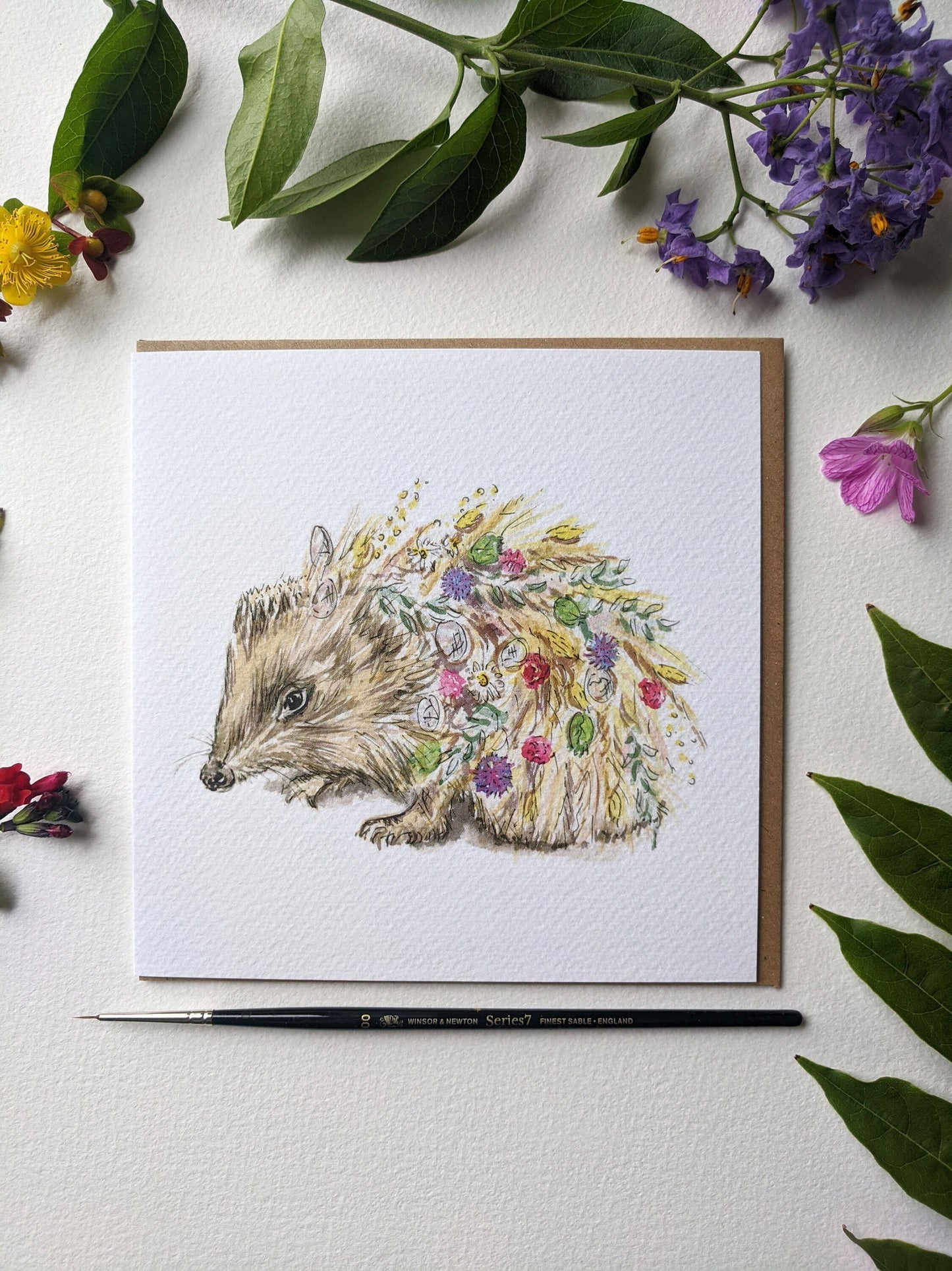 Full set of the hedgehog with flowers greeting card and envelope