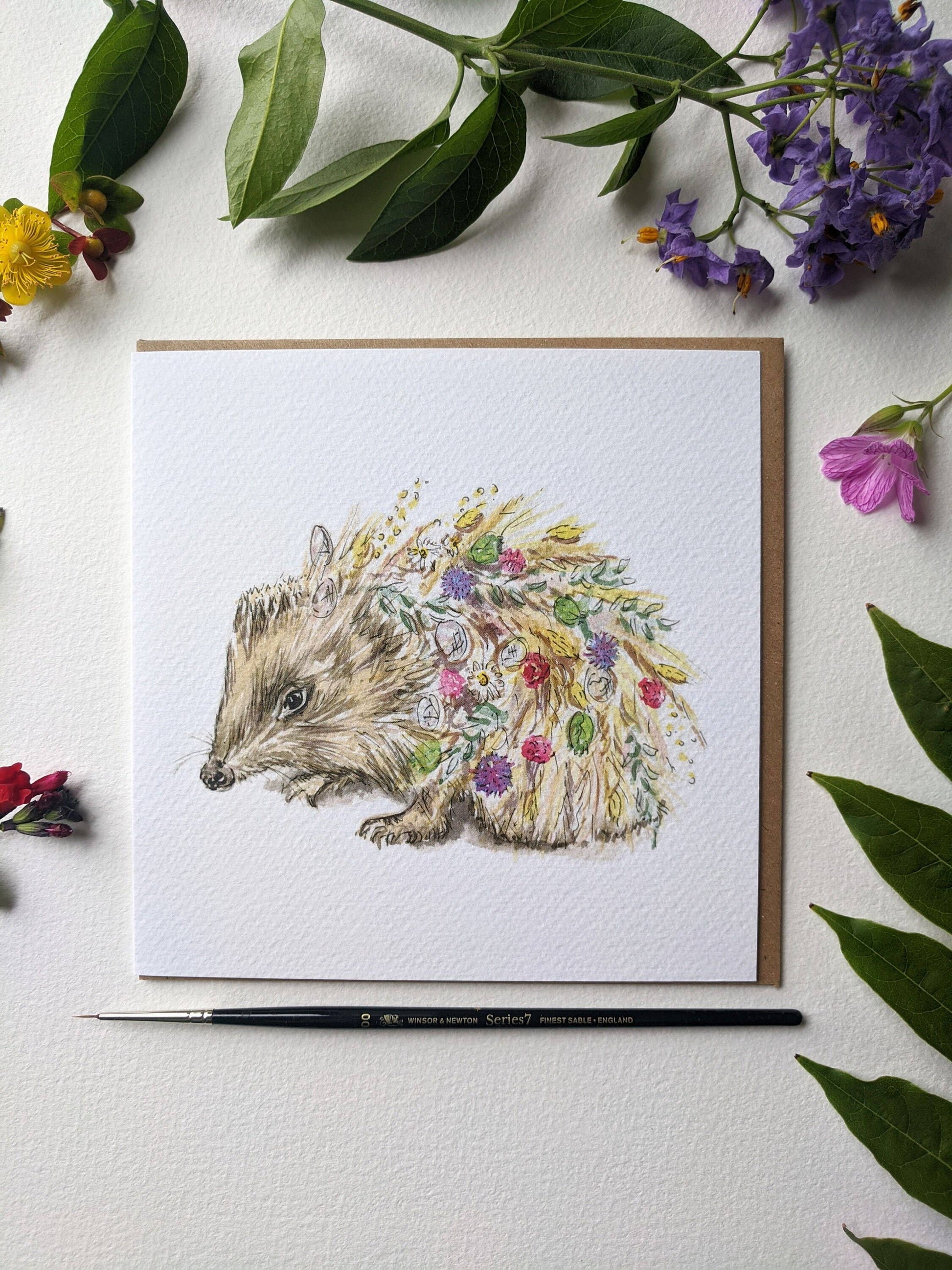 Full set of the hedgehog with flowers greeting card and envelope