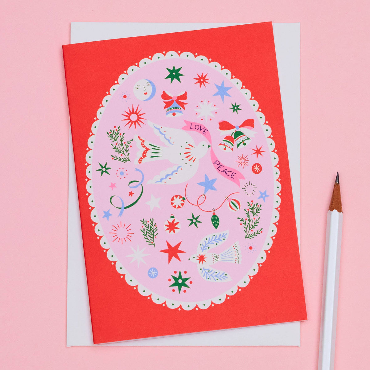 Peace and Love Illustrated Christmas Greetings Card with pink background and peace dove illustration