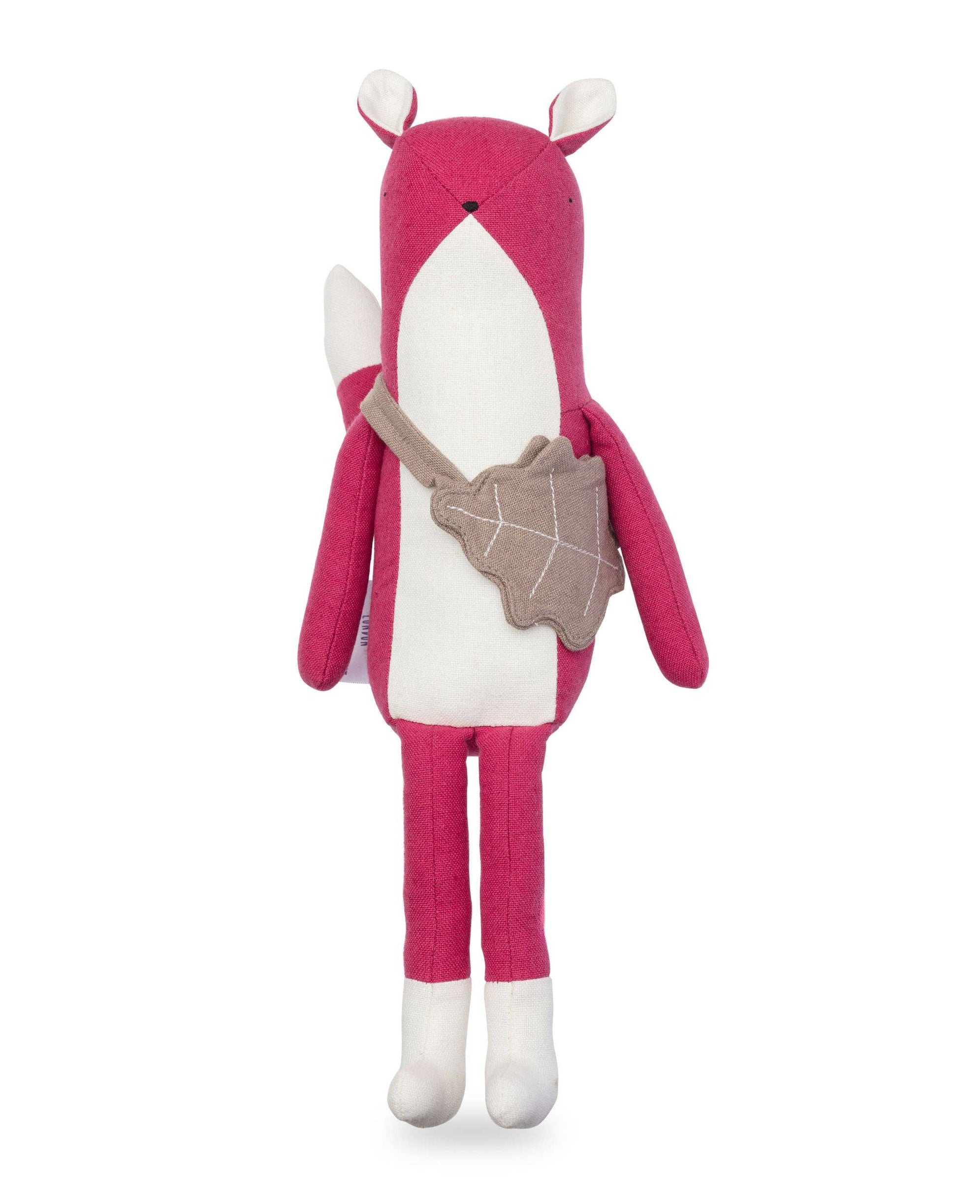 Side view of Florence the Fox, showing acorn bag detail