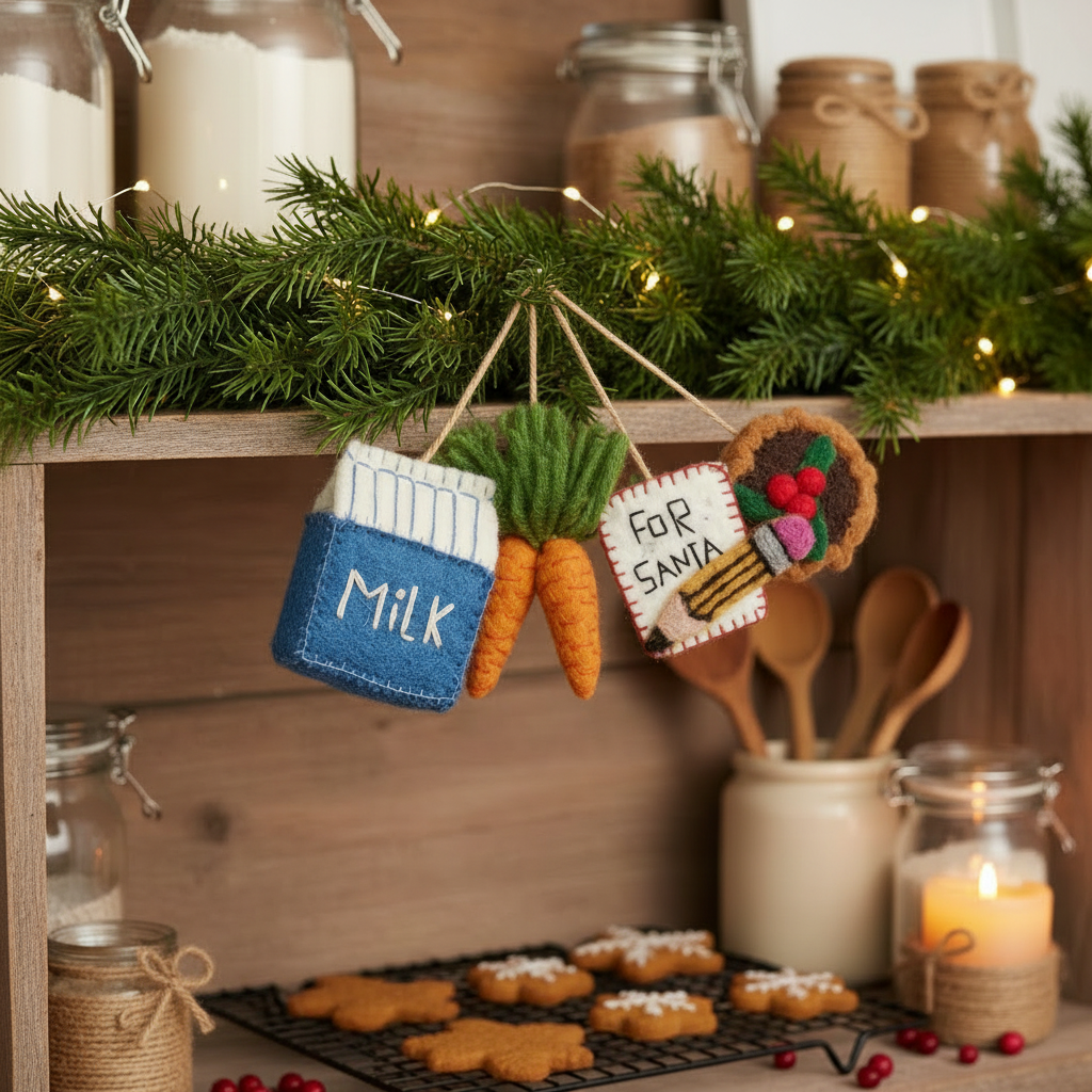 Handmade felt Christmas Eve essentials hanging decorations set of 4