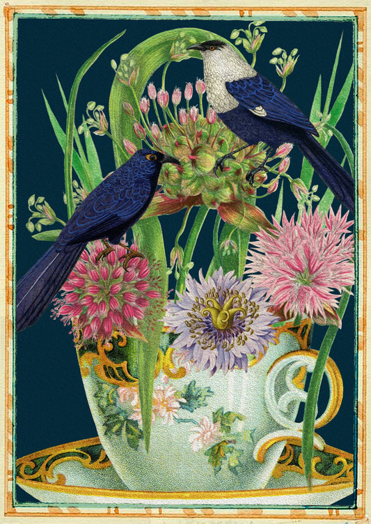 Vintage inspired notebook cover with two birds, floral arrangement, and teacup—artistic collage design by Madam Treacle, 12x17cm, blank pages.
