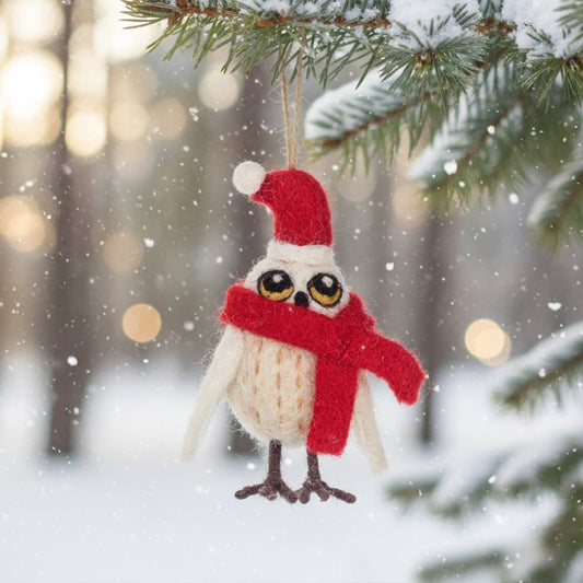 Handmade felt snowy owl Christmas tree hanging decoration with red scarf and Santa hat