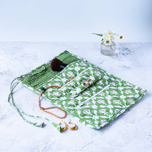 Handmade Petal block printed jewellery roll with fabric tie
