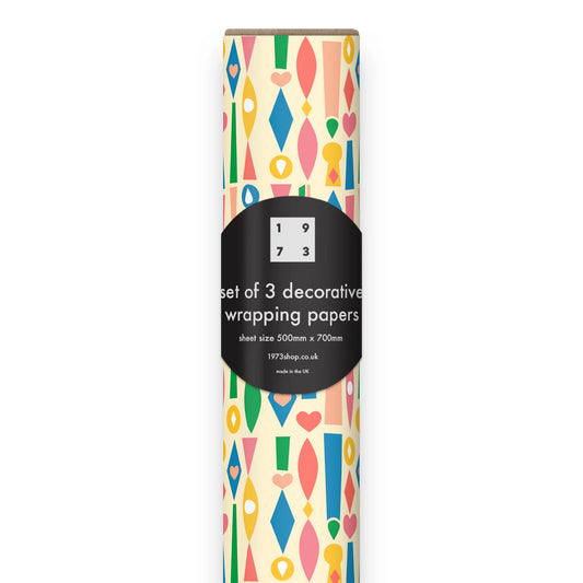 Bureau Alice Ornaments gift wrap sheets on a roll, colourful ornament pattern on 100% recycled white offset paper, 3 sheets, size 50mm x 700mm.
