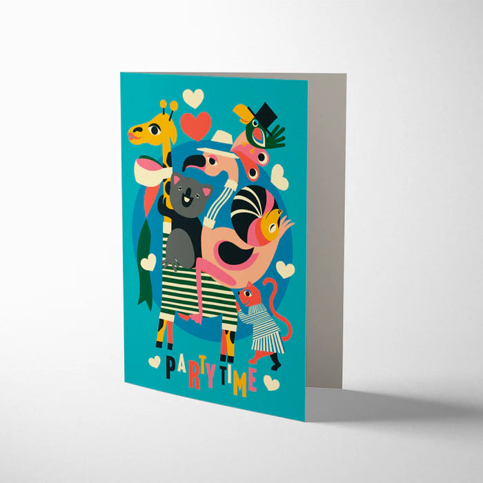Bureau Alice Party Time Greeting Card featuring whimsical animals and gold foil detailing