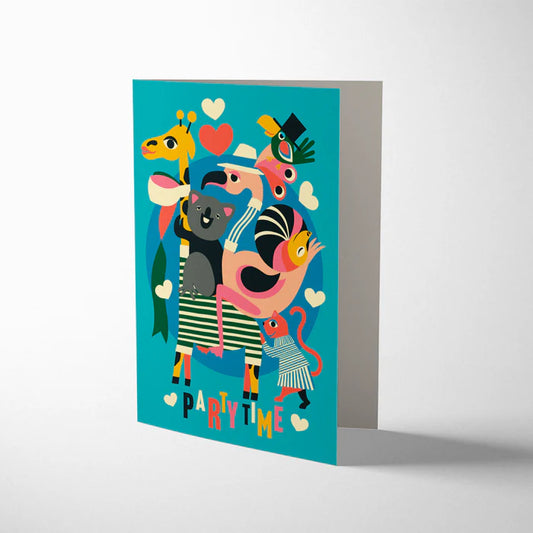 Bureau Alice Party Time Greeting Card featuring whimsical animals and gold foil detailing