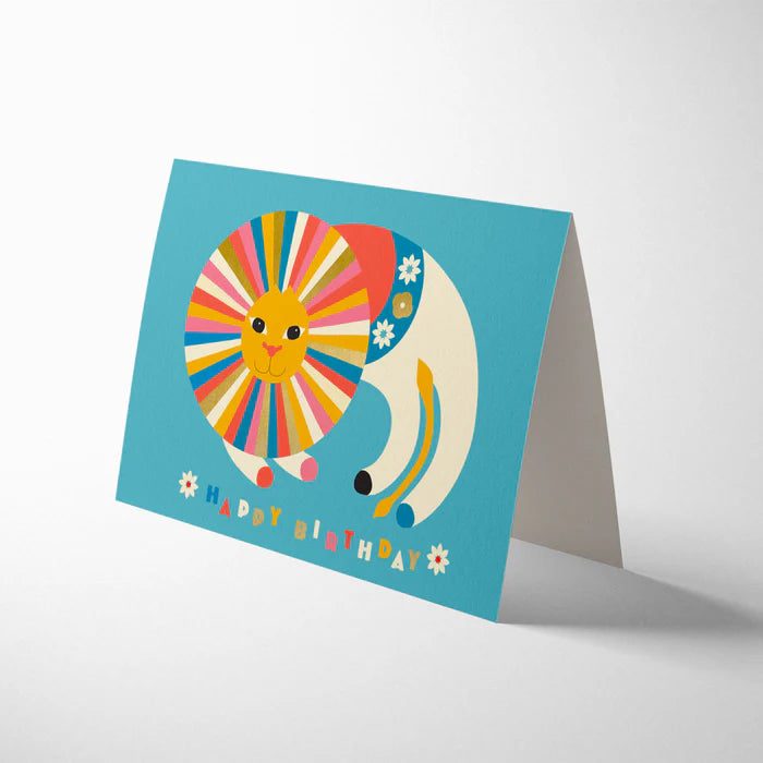 Bureau Alice Birthday Lion Greeting Card with colourful mane and gold foil details