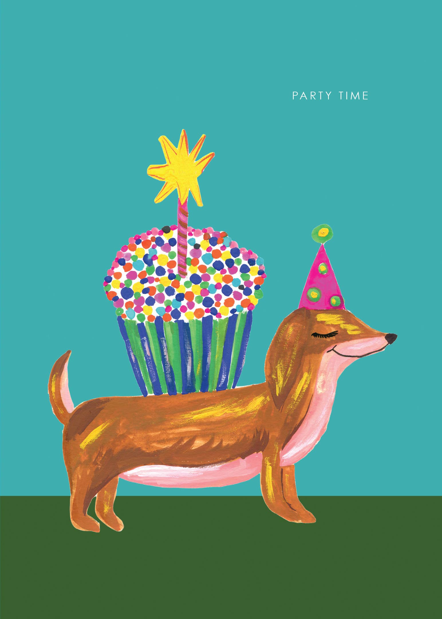 Our illustrated happy sausage dog and cake design is full of happy and joyful vibes, making it the perfect choice for a magical celebration, with wording 'PARTY TIME'.