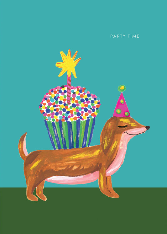 Close-up of the 'Sausage Dog and Cup Cake' Birthday Greetings Card showing illustration details.