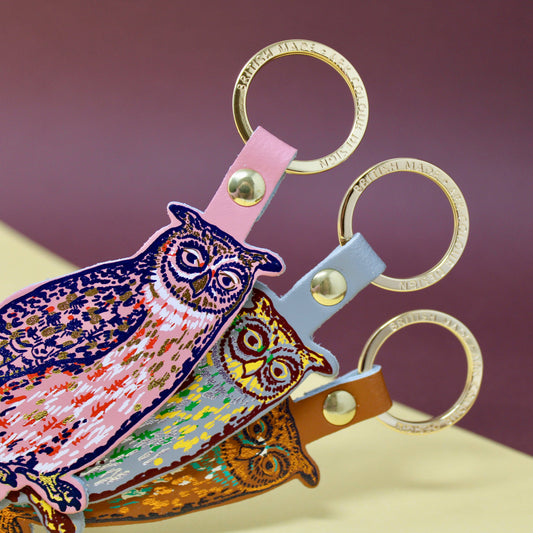 Nocturnal owl leather key fob handmade in Scotland, with gold-plated ring and hot foil embossed design by Ark Colour Design
