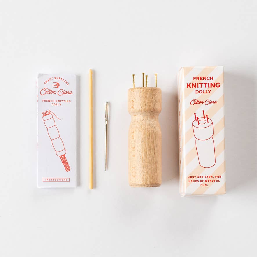 Wooden French knitting dolly craft kit in striped gift box