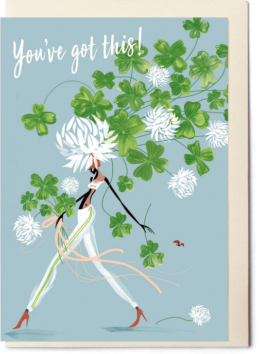 Miss Clover Teal Flowers of the Catwalk Good Luck Card