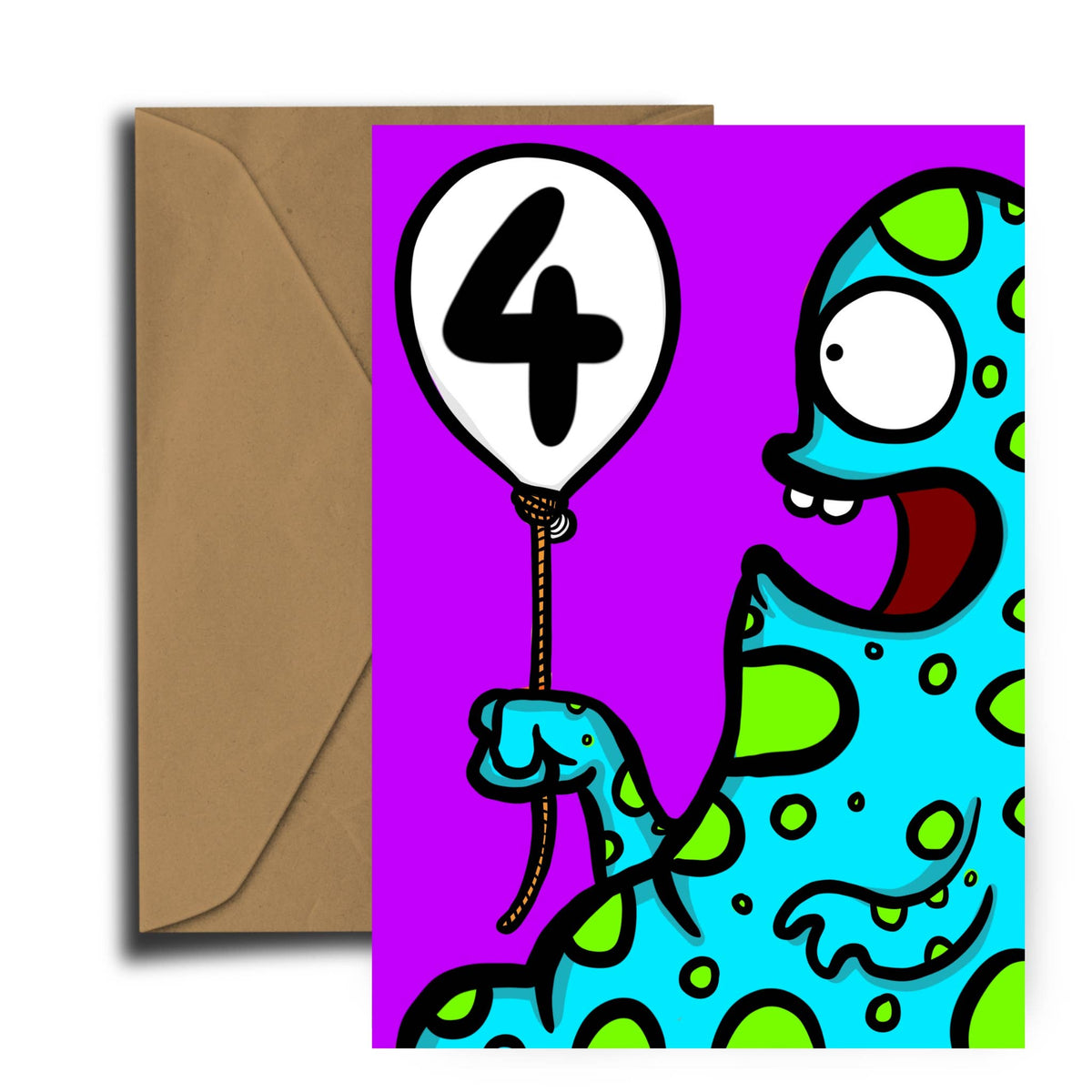 Monster Age 4 Birthday Card with Recycled Envelope