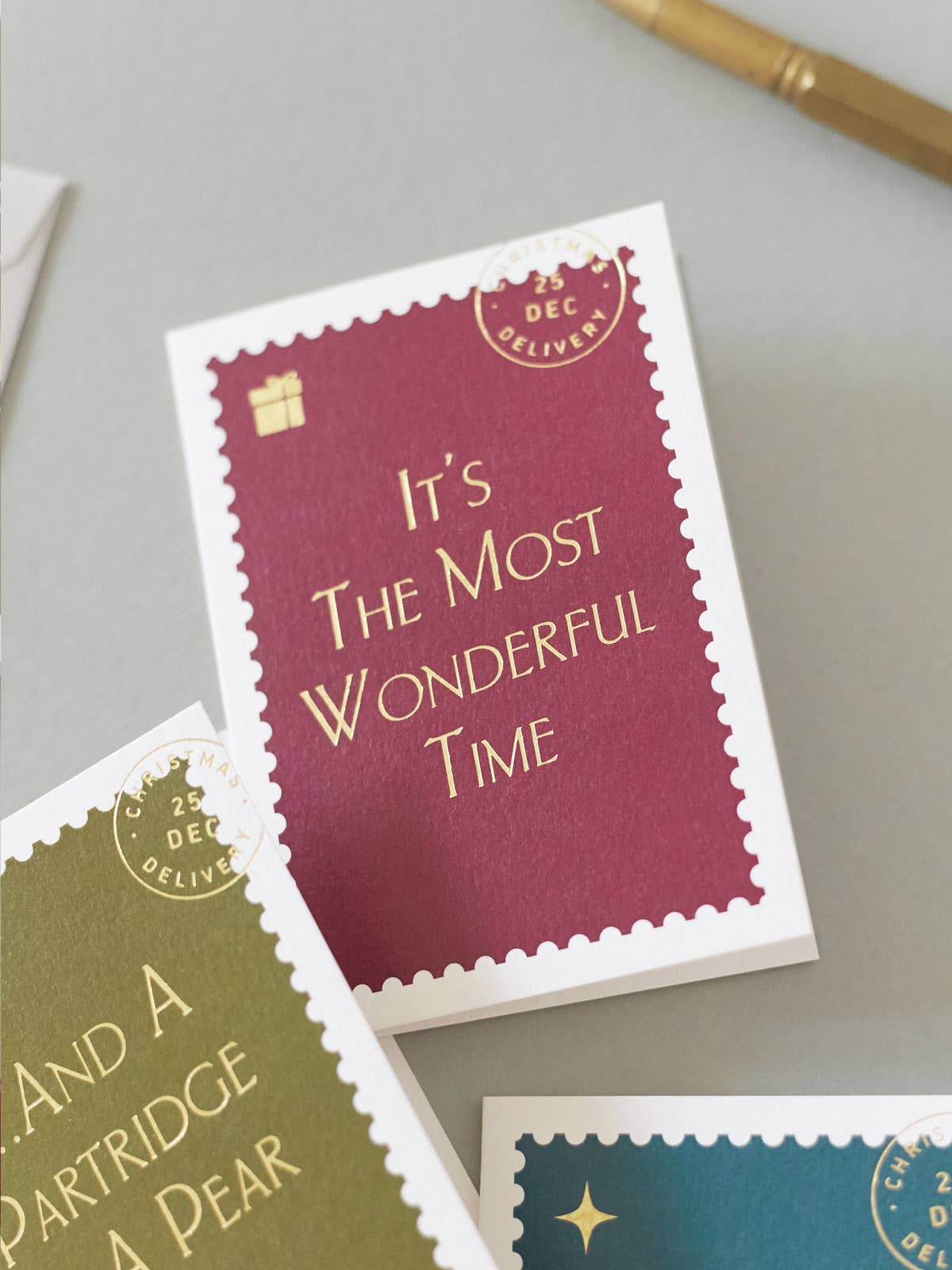 Most Wonderful Mini Vintage Christmas Card, postage stamp design, gold foil, jewel tones, 100% recycled card, A7 size, light grey envelope.