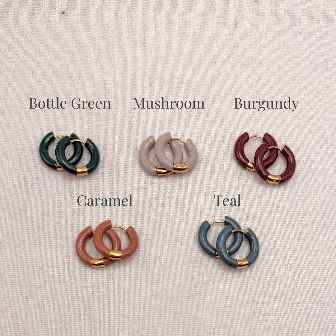 Close-up of Little Nell Tonal Enamel Hoop Earrings, waterproof finish