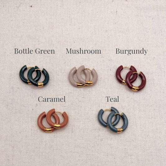 Close-up of Little Nell Tonal Enamel Hoop Earrings, waterproof finish