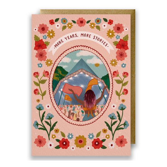 Music Festival Birthday Card featuring a woman dancing with boho florals