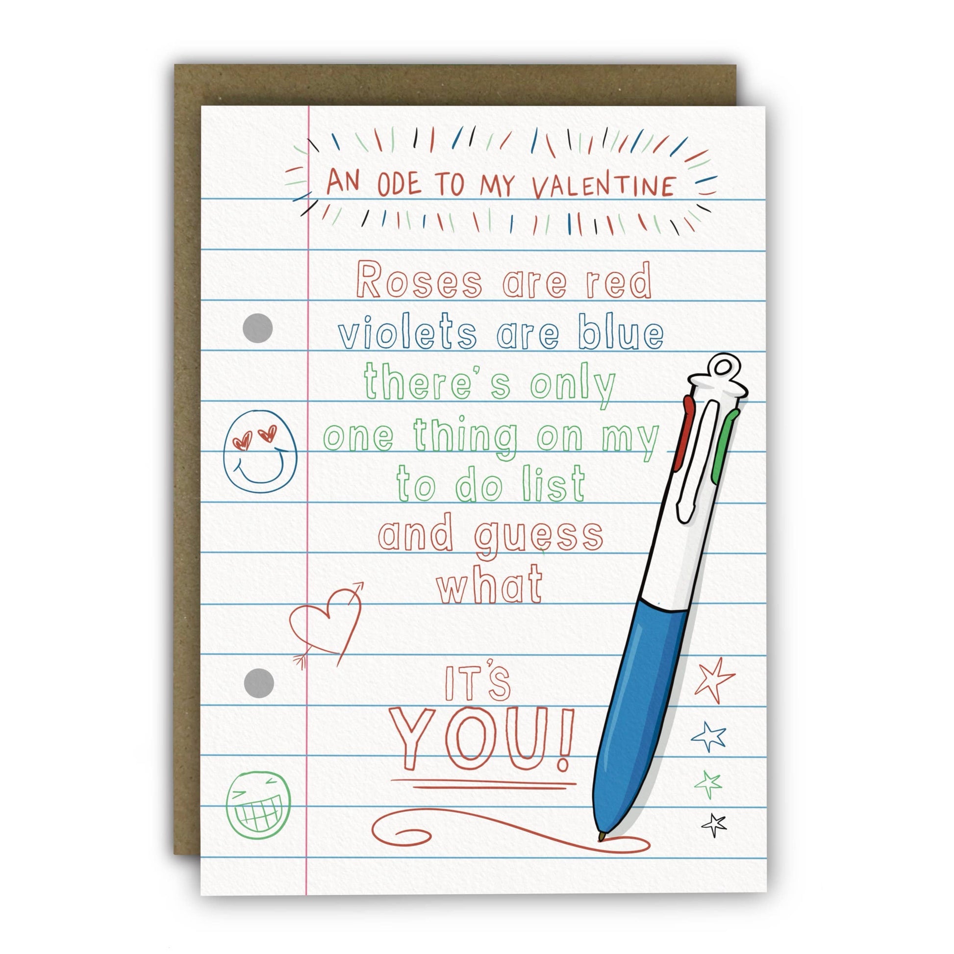 Funny To Do List Valentine's Card with 4 colour pen illustration