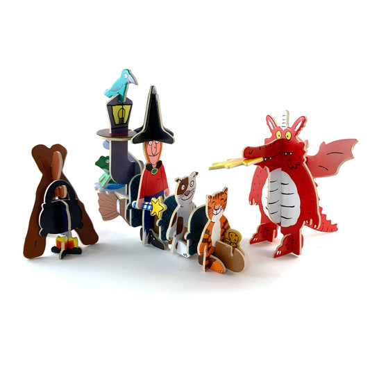 Room on the Broom sustainable playboard playset with witch, cat, and dragon characters