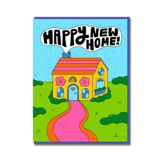 Happy New Home greeting card by Bailey Crouch, colourful design, litho printed, cornflower blue envelope, size 108mm x 140mm.