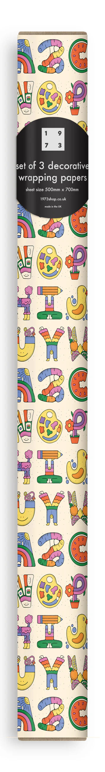 Bailey Crouch Alphabet gift wrap roll with fluorescent letters, 3 recycled sheets, plastic-free packaging.