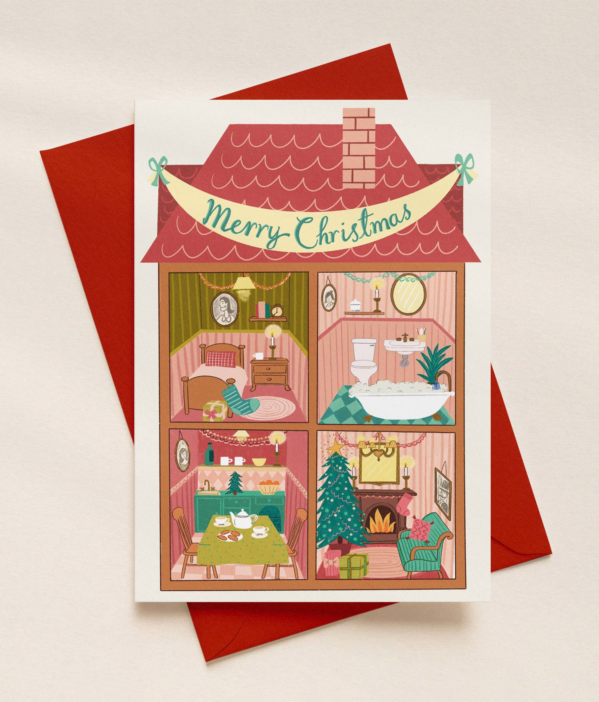 Pink and green illustrated Christmas House card by Forget Me Not & Green