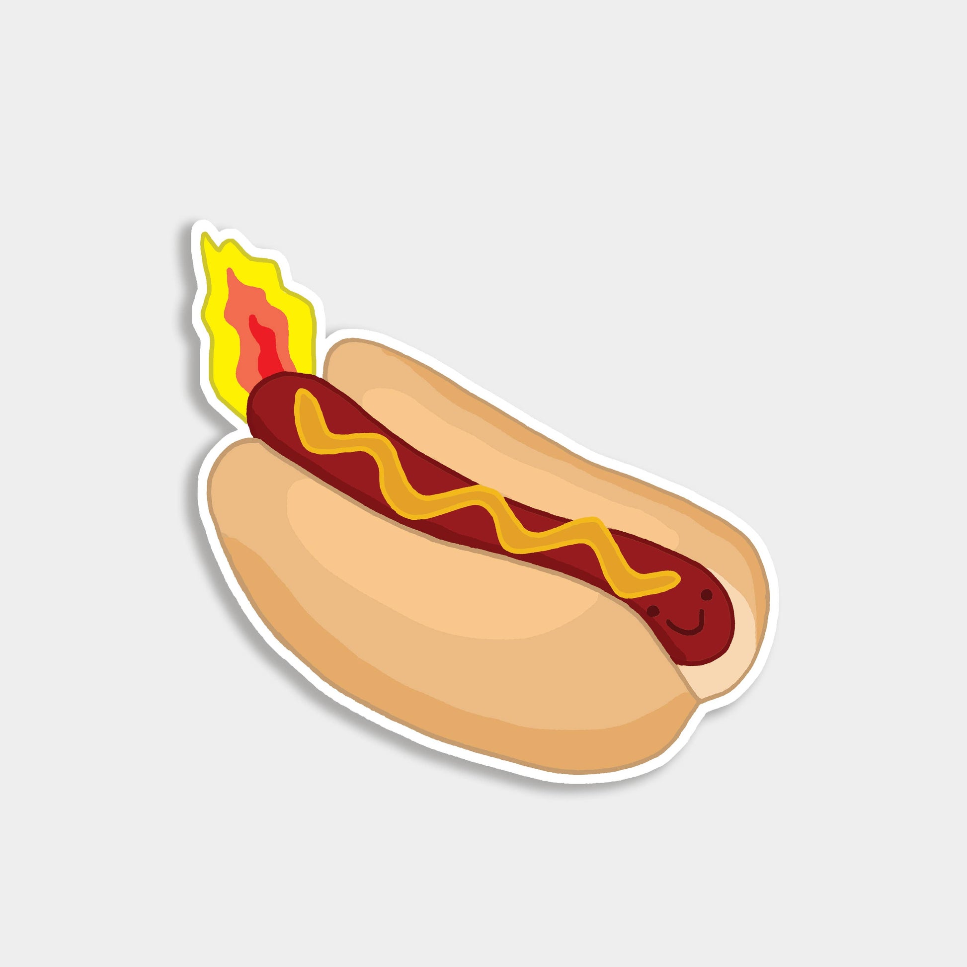 Funny hand-drawn Spicy Hot Dog vinyl sticker with a happy face and flames