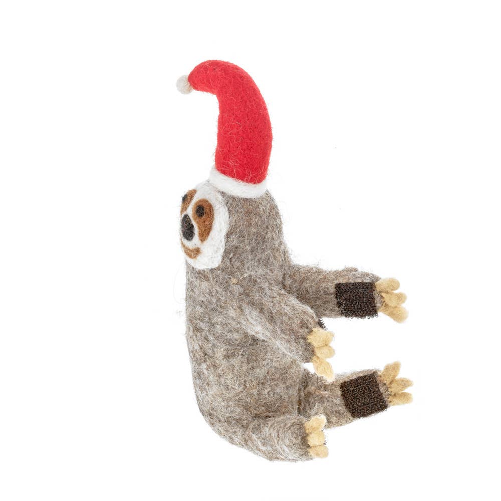 Handmade felt Christmas Sloth tree topper decoration by Felt So Good, sustainable wool with needle felted scarf and Christmas hat, biodegradable and eco-friendly
