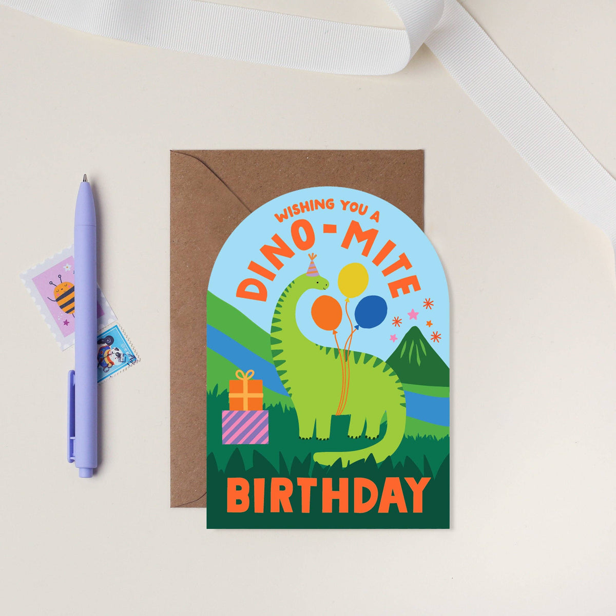 Dino-mite Dinosaur Kids Birthday Card with recycled kraft envelope