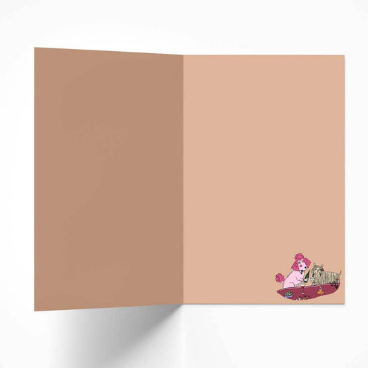 Interior of 'Let's Drink Wine & Talk Shit' card showing blank space and small dog illustration