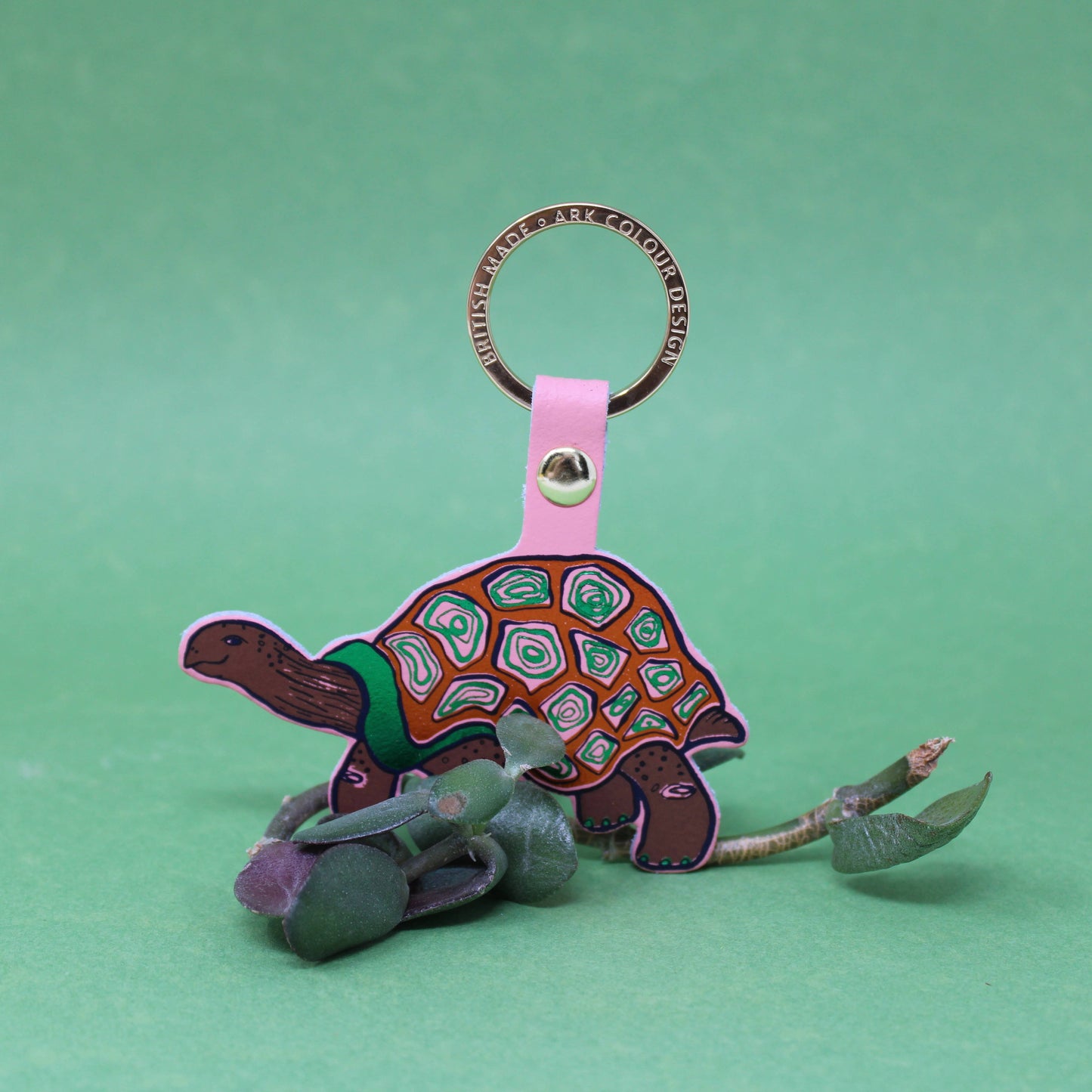 Sustainably sourced genuine leather Easy Going Tortoise key fob by Ark Colour Design with gold plated ring