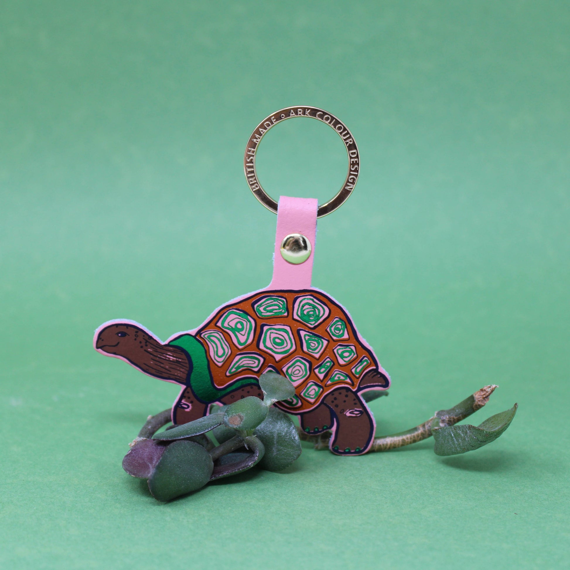 Sustainably sourced genuine leather Easy Going Tortoise key fob by Ark Colour Design with gold plated ring