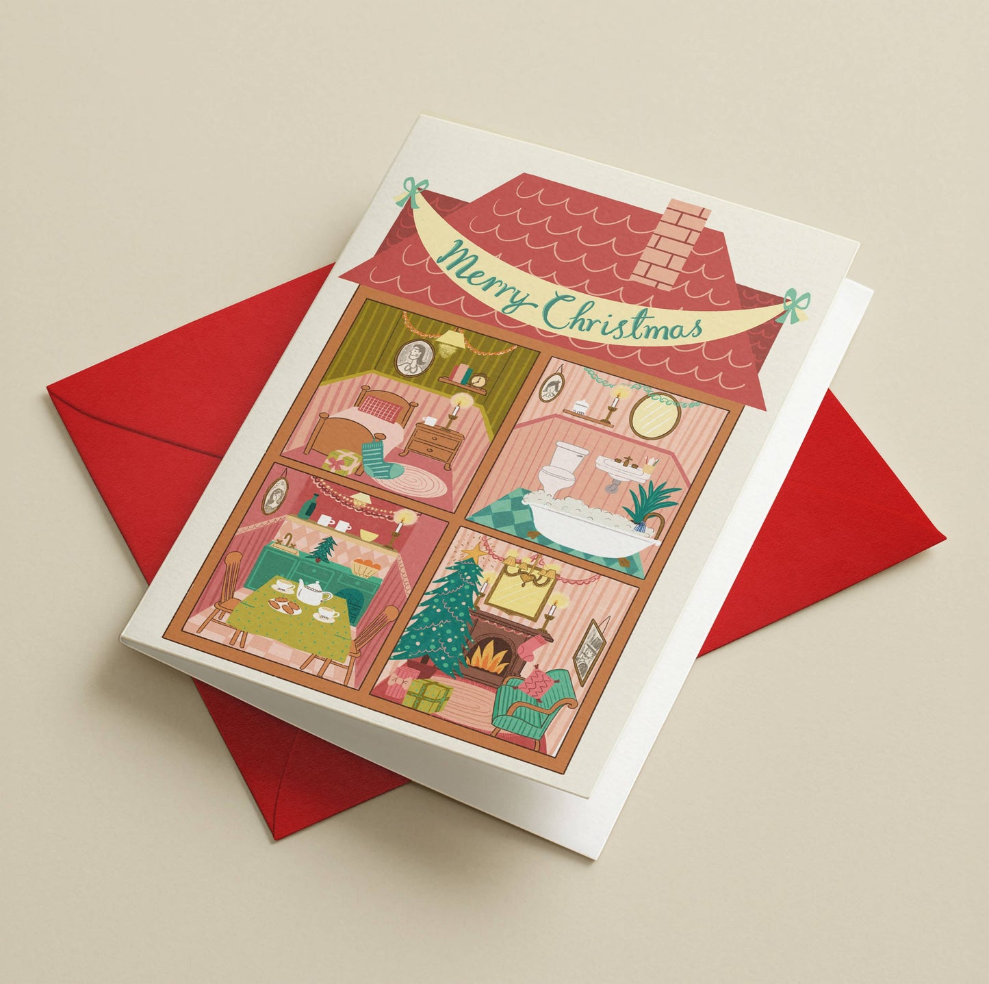 A6 Christmas card showing the festive home illustration and red envelope