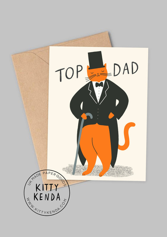 Mister Kitty Father's Day greeting card featuring a dapper cat in a top hat with a cane, text says 'TOP DAD'. Printed on natural recycled card.