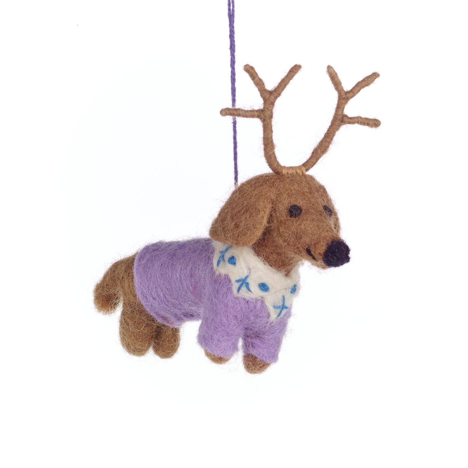 Close-up of Rudy felt Dachshund decoration's face and antlers