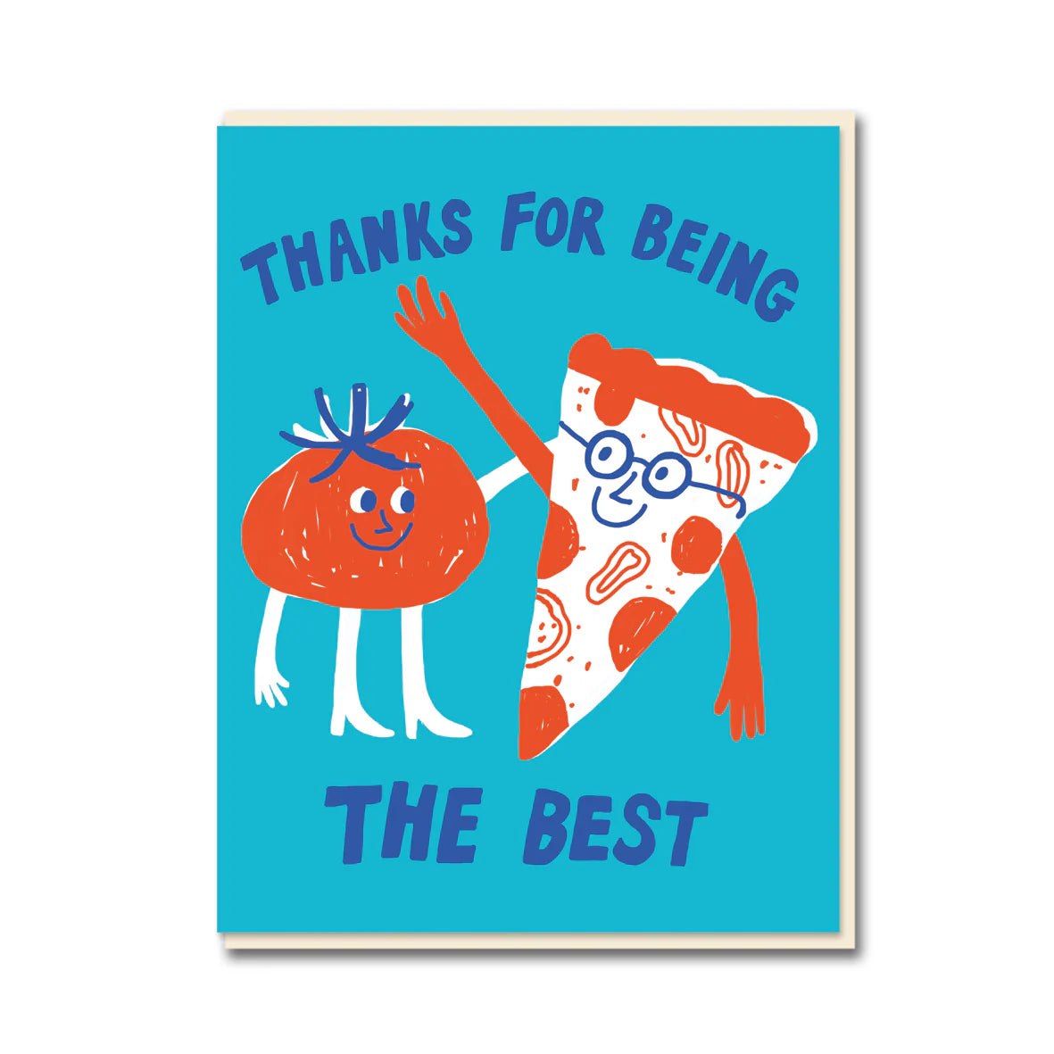 Cartoon character tomato and pizza slice with 'Thanks for being the best' text on a blue background
