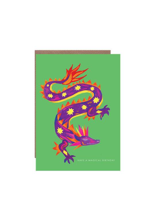 Hand-illustrated Birthday Dragon Greetings Card featuring Have a Magical Birthday text