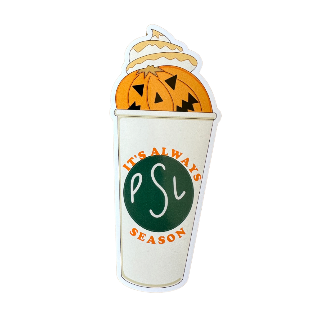 Halloween-themed cup with pumpkins and whipped cream on a white background. Pumpkin Spice Latte vinyl sticker by Soch & Co.—glossy 8cm decal, vibrant autumn design, durable vinyl, UK printed for water bottles, laptops and notebooks.