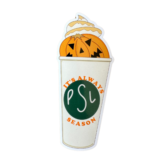 Halloween-themed cup with pumpkins and whipped cream on a white background. Pumpkin Spice Latte vinyl sticker by Soch & Co.—glossy 8cm decal, vibrant autumn design, durable vinyl, UK printed for water bottles, laptops and notebooks.