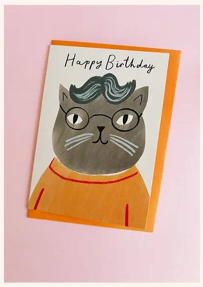 Glasses Grey Cat Greeting Card for Birthday or Father's Day