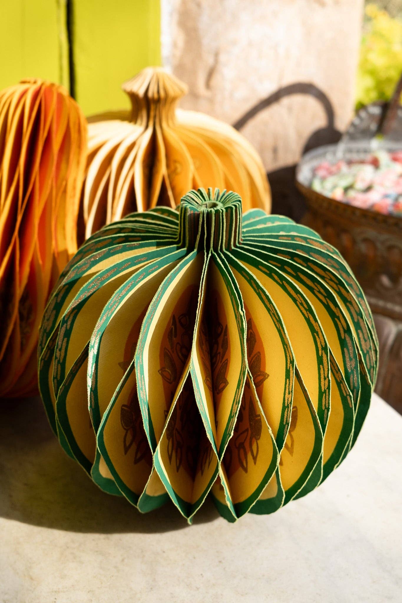Recycled cotton paper gourd honeycomb decoration with cotton hanging loop, eco-friendly ornament.