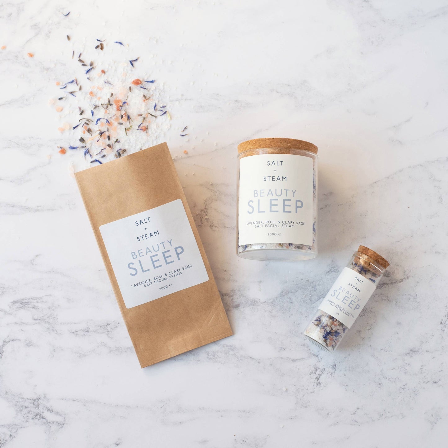 Plant-based floral steam with lavender, rose, clary sage in plastic-free packaging