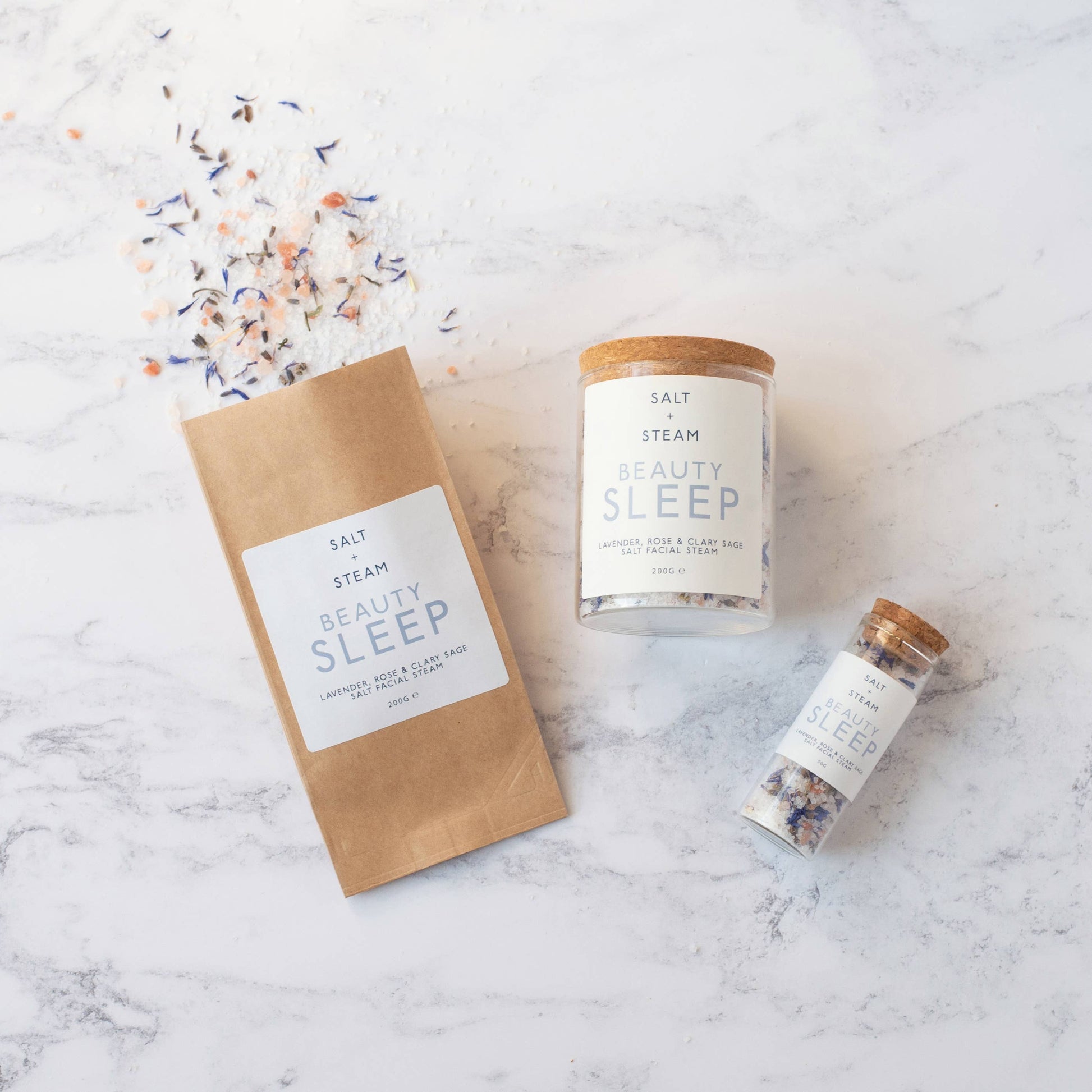 Plant-based floral steam with lavender, rose, clary sage in plastic-free packaging